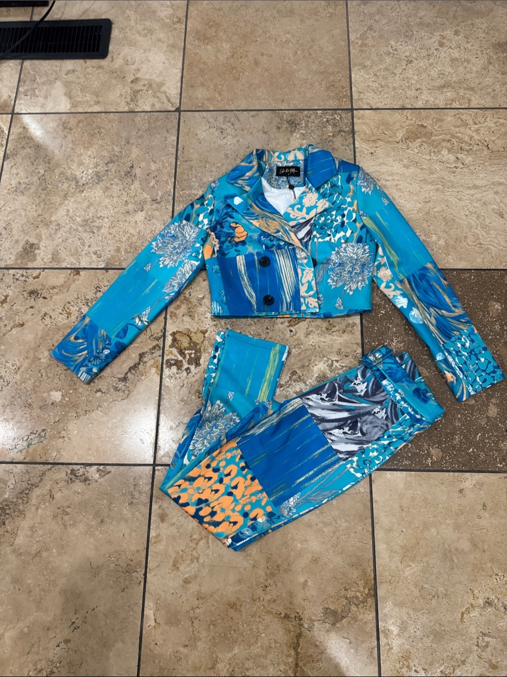 Bright Turquoise Patchwork Two-Piece pant suit Set S